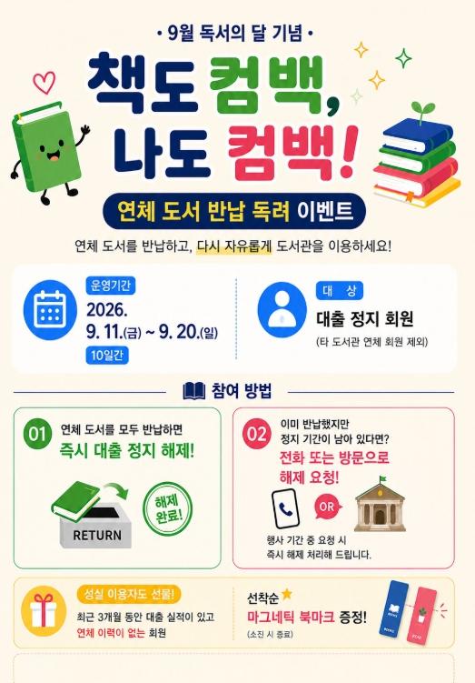 부산사하도서관, 반납 독려 이벤트‘책도 컴백, 나도 컴백’운영 기사 이미지