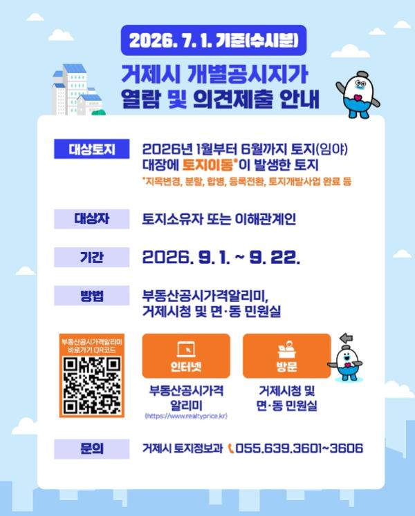 거제시, 2026년 수시분 개별공시지가 9월 22일까지 열람 및 의견제출 접수 기사 이미지